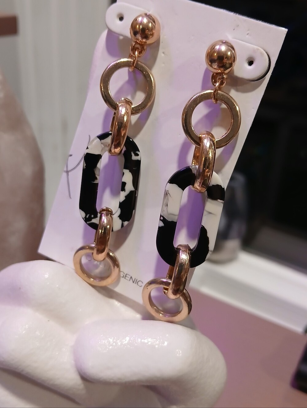 Chico's Marble Chain Link Drop Earrings [Black, White & Gold-tone] - NWT/ON CARD